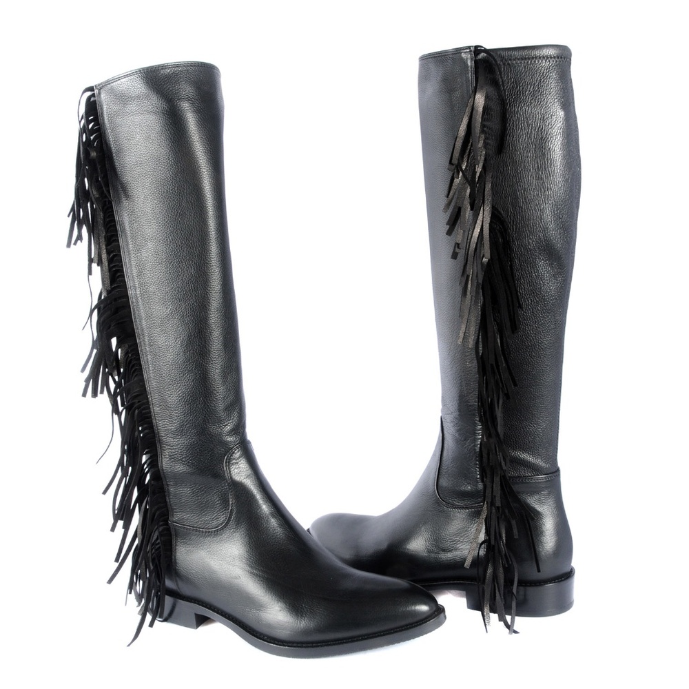 Le Pepe Blk Leather knee high Boots with Fringes